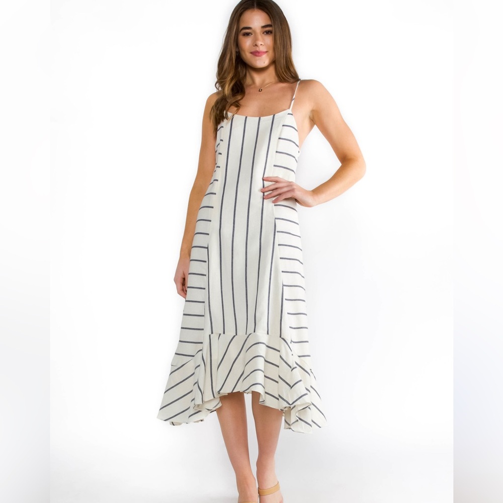 Ellison Striped Ruffle Hem Midi Dress White Navy Spaghetti Strap Size M